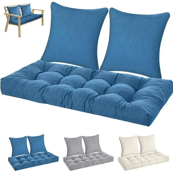 3 Pcs Outdoor Bench Cushion Set 44x19 in Waterproof Tufted Patio Cushion Loveseat Seat Pad with 2 Throw Pillows Memory Foam Settee Pad for Indoor Sofa Wicker Couch Window Seat(44x19 in,Blue)