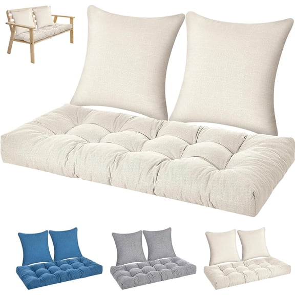 3 Pcs Outdoor Bench Cushion Set 44x19 in Waterproof Tufted Patio Cushion Loveseat Seat Pad with 2 Throw Pillows Memory Foam Settee Pad for Indoor Sofa Wicker Couch Window Seat(44x19 in,White)