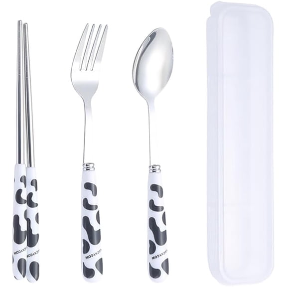 3 Pcs Outdoor Flatware Set with Case Cow Print Cow Print Fork Spoon Chopsticks Travel Camping Cutlery Set Lunch Box Utensils Tableware Dinnerware Black