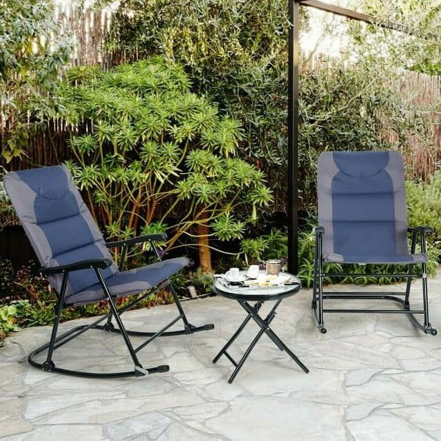 3 Pcs Outdoor Folding Rocking Chair Table Set with Cushion-Blue