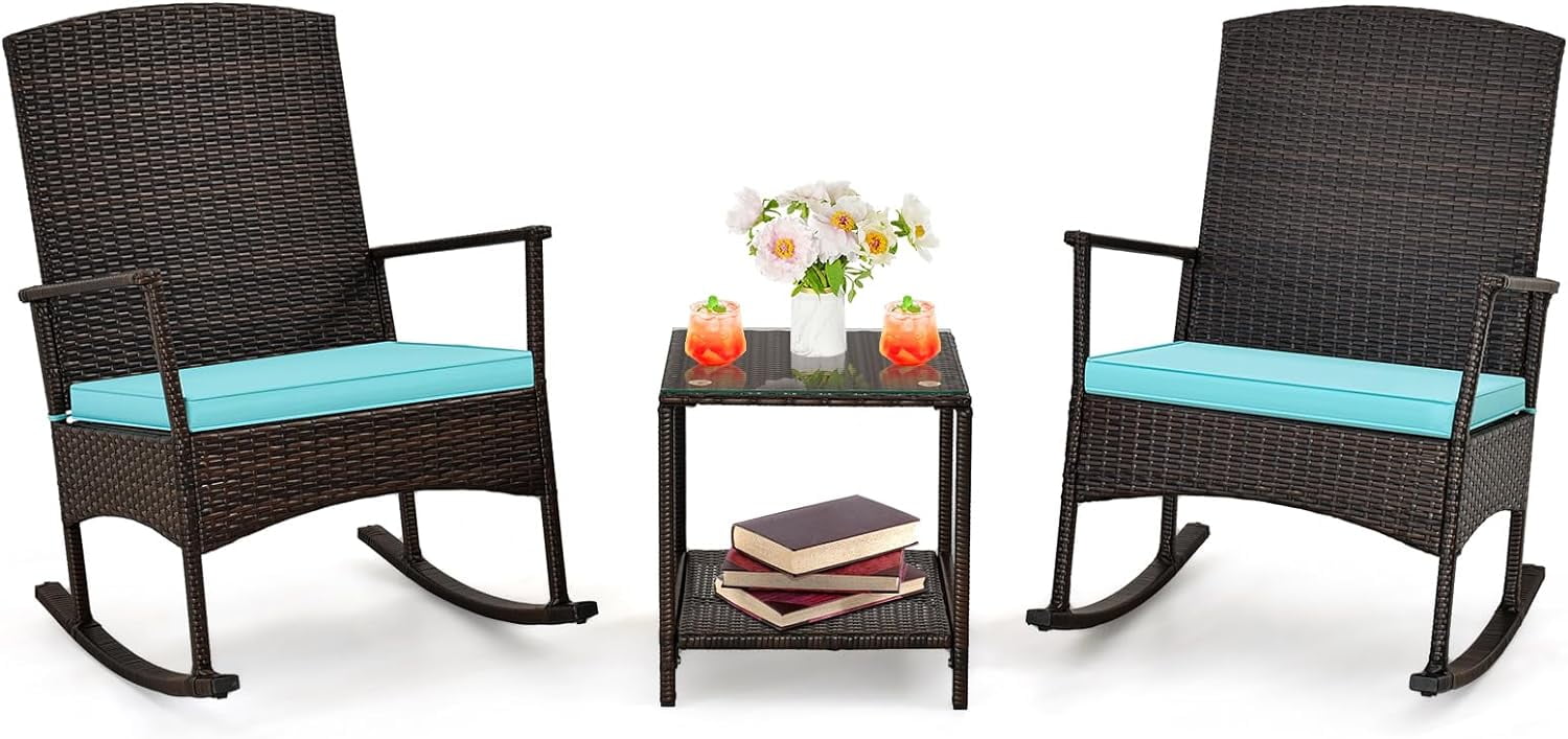 3 Pcs Outdoor Patio Wicker Bistro Furniture Set Rocking Chairs Sets w/ 2 Cushion, Glass Coffee Table, Turquoise