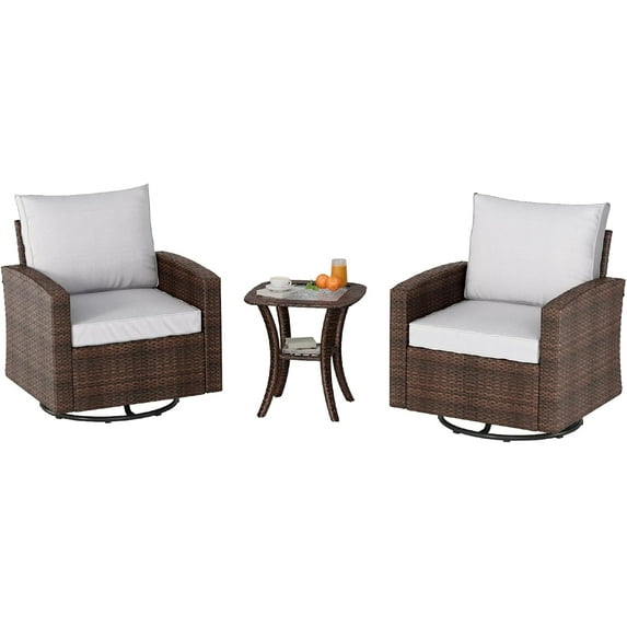 3 Pcs Outdoor Swivel Rocking Chair Set with Side Table - Wicker Swivel Glider Rocker Chairs,High Back Comfy Outdoor Rocking Chairs,Patio Furniture Sets for Porch,Deck,Yard,Poolside