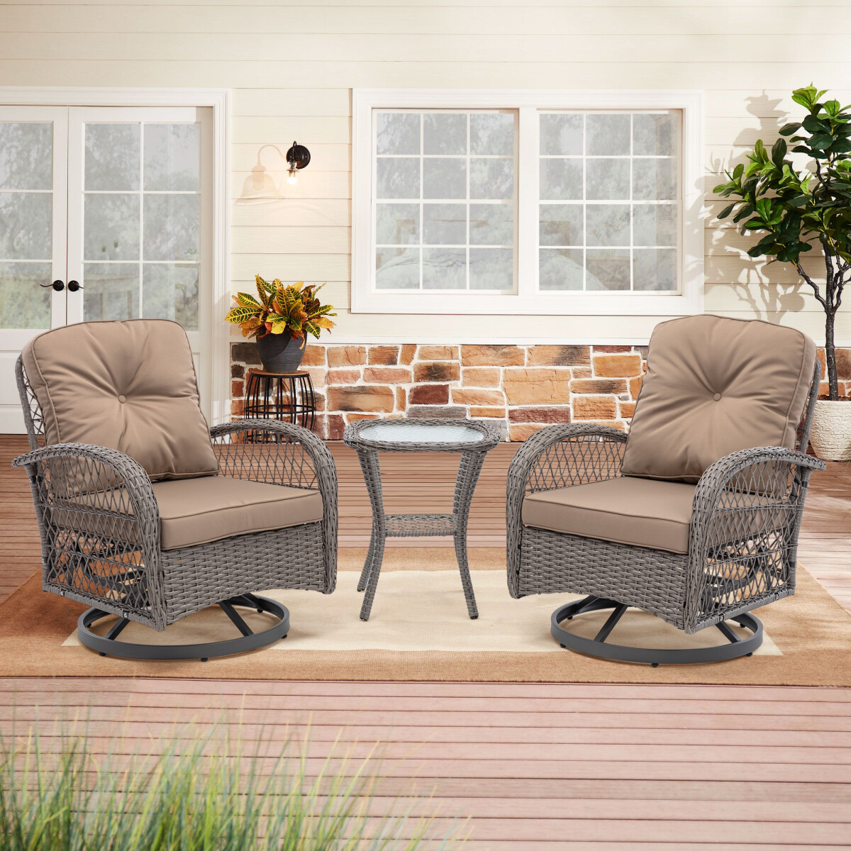 3 Pcs Outdoor Wicker Swivel Rocking Chair with Glass Side Table and 2 ...