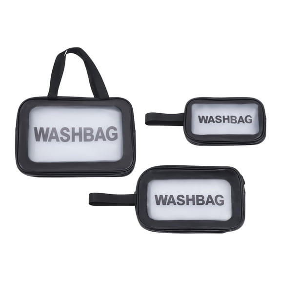 3 Pcs PU Leather Portable Toiletry Bags with Handle, Small Medium and Large Washbag, Translucent Waterproof travel Make up Bags for Women, Large Capacity Travel Cosmetic Bags, Black