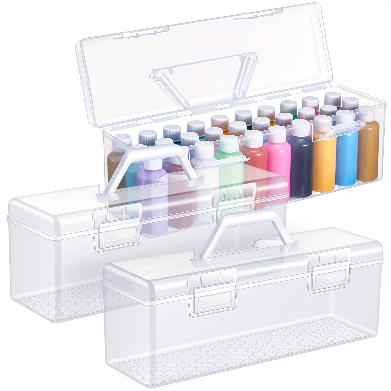 3 Pcs Paint Storage Box for 2 Fl oz Acrylic Paints, Acrylic Portable Craft art Organizer with Handle, 30 Bottles Capacity Plastic Art Supply Clear Boxes