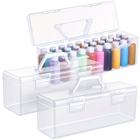 3 Pcs Paint Storage Box for 2 Fl oz Acrylic Paints, Acrylic Portable Craft art Organizer with Handle, 30 Bottles Capacity Plastic Art Supply Clear Boxes