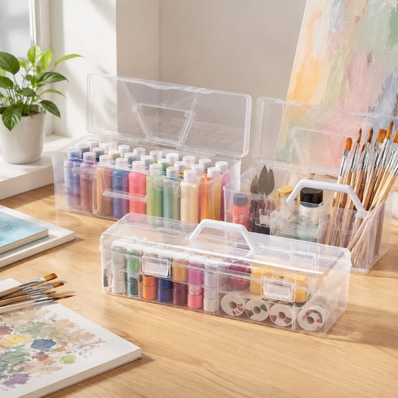 3 Pcs Paint Storage Boxes with Handles, Clear Acrylic Paint Organizer Holds 30 Bottles Each, Stackable Craft Paint Storage Container for Paint Bottles Brushes, Art Supplies Summer Craft Organization