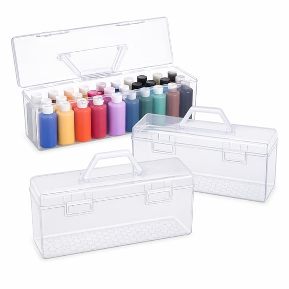 3 Pcs Paint Storage Boxes with Handles, Clear Plastic Craft Paint Organizer Holds 90 Bottles of 2 oz Paint, Stackable Portable Art Supply Storage Case with Latch for Craft Accessories
