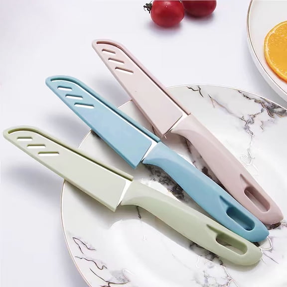 3 Pcs Paring Knife,7.7 Inch Paring Knives (3 Knives And 3 Knife Cover),Peeling Knife,Fruit And Vegetable Knife,Small Kitchen Stainless Knife With Plastic Handle,Kitchen Gadgets,Green + Pink + Blue
