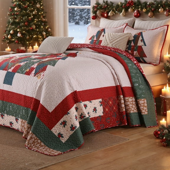 3 Pcs Patchwork Christmas Tree Quilt Set – Reversible Holiday Bedspread BY218