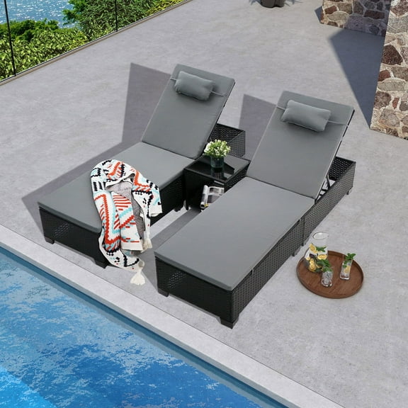 3 Pcs Patio Chaise Lounge with Coffee Table Cushion&Pillow Outdoor Lounge Chair Chaise Lounger Patio Reclining Chair 5 Angle Adjustment PE Rattan for Courtyards Poolside Garden