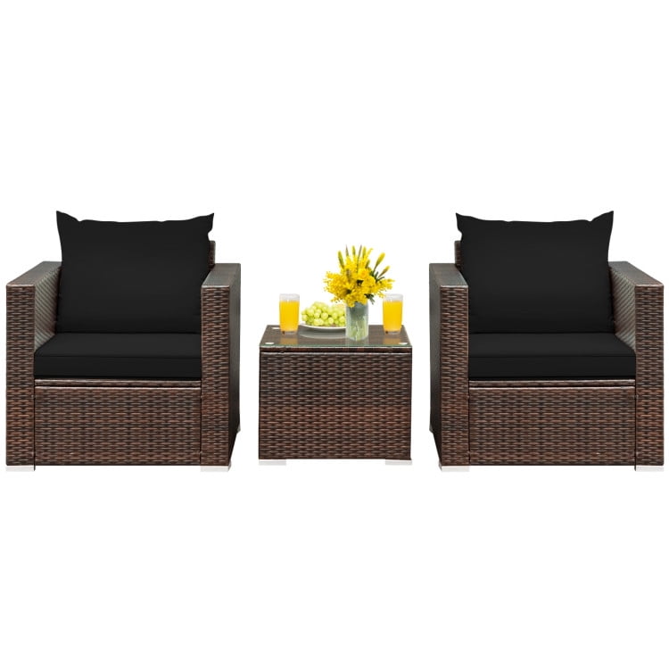 Black 3-Piece Rattan Patio Conversation Set with Cushions
