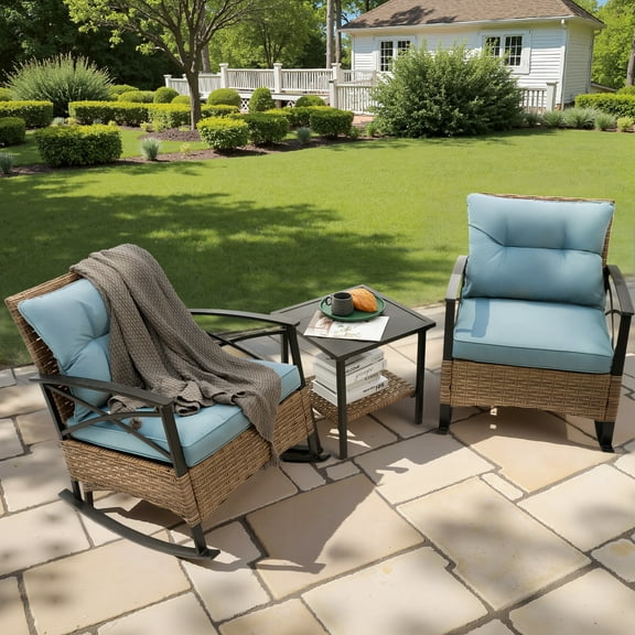 3 Pcs Patio Rocking Bistro Set, PE Wicker Bistro Set with Soft Cushion, 2 Chairs and 1 Steel Top Side Table, Outdoor Conversation Set for Patio Backyard Porches - Blue