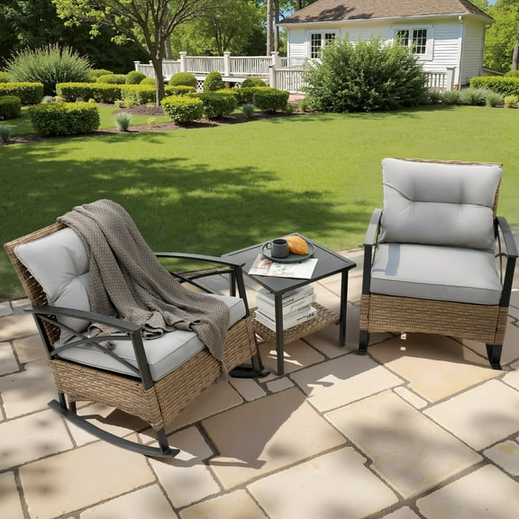 3 Pcs Patio Rocking Bistro Set, PE Wicker Bistro Set with Soft Cushion, 2 Chairs and 1 Steel Top Side Table, Outdoor Conversation Set for Patio Backyard Porches - Gray