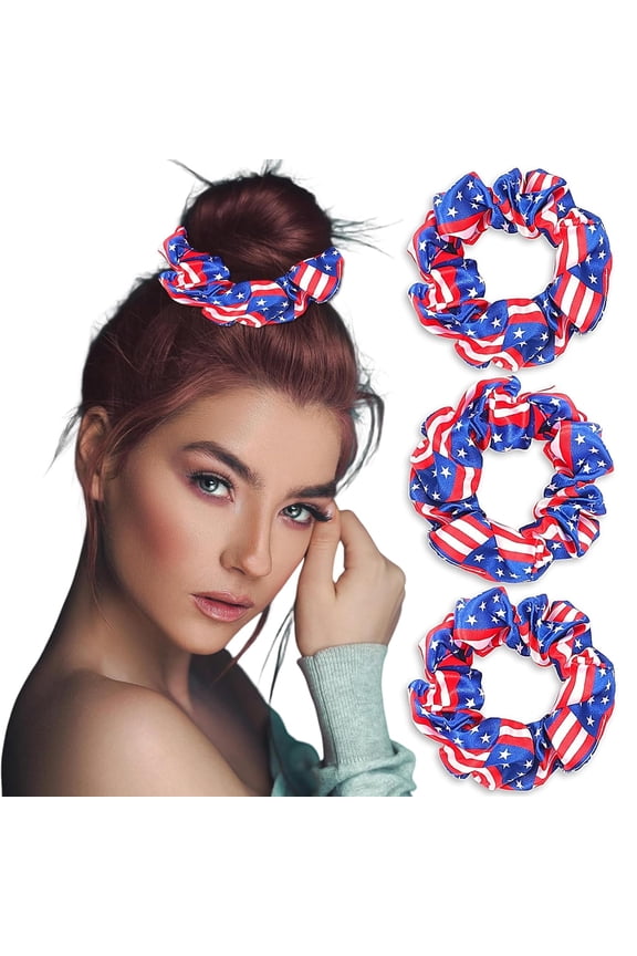 3 Pcs Patriotic Hair Scrunchies for Women Girls American Flags Hair Ties 4th of July Red White and Blue Scrunchies Soft Elastic Hair Bands Ponytail Holder for Independence Day USA Hair Accessories