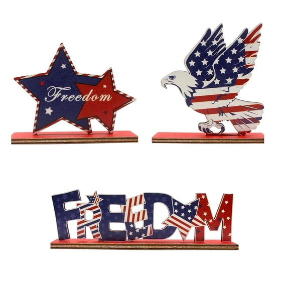 3 Pcs Patriotic Wooden Table Decor Set, Star Eagle Tiered Tray Signs, 4th of July Desktop Ornament Bundle, Holiday Countertop Layout Kit