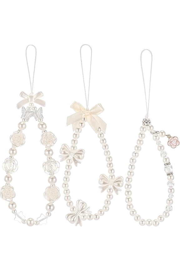 3 Pcs Pearl Beaded Phone Charm Strap,Butterfly Bow Flower Camera Lanyard with Adjustable Wrist Band, Cute Aesthetic Phone Accessories for Women,Multi-Functional Keychain for Phone Camera Wallet Decor