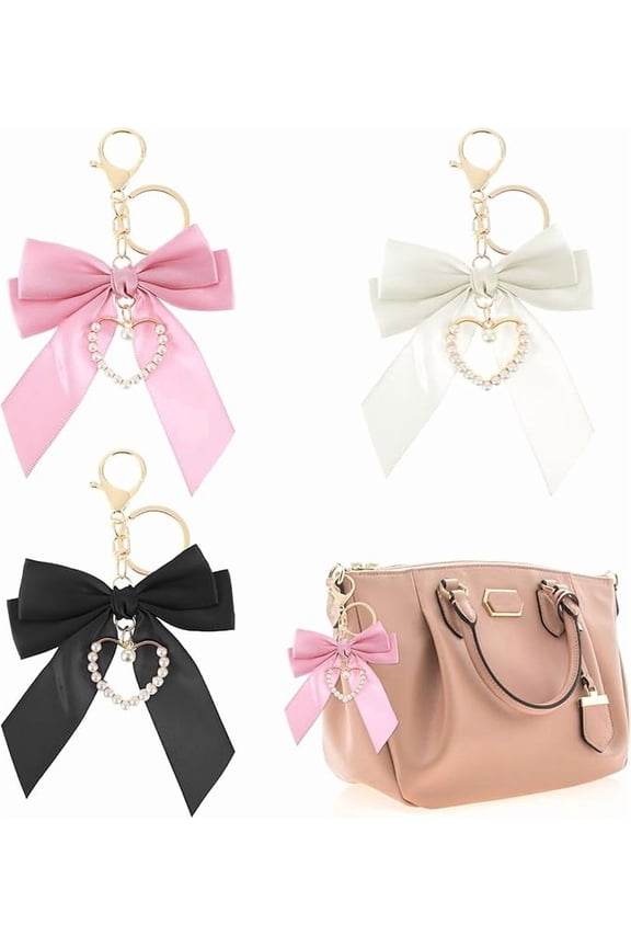 3 Pcs Pearl Bow Keychain,Bow keychain,Pearl keychain,Bow Pearl Purse Charms for Girls,Pearl Key Chains for Backpacks,Handbag, Car Keys s Accessories