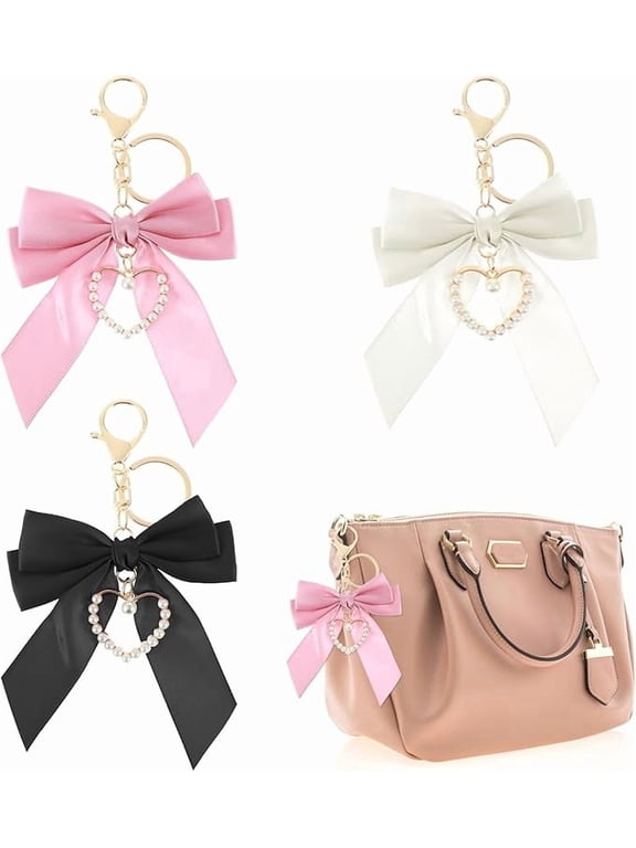 3 Pcs Pearl Bow Keychain,Bow keychain,Pearl keychain,Bow Pearl Purse Charms for Girls,Pearl Key Chains for Backpacks,Handbag, Car Keys s Accessories