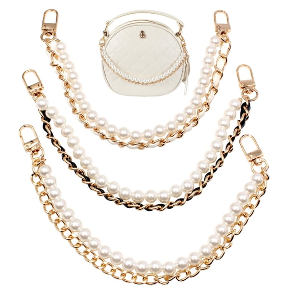 3 Pcs Pearl Purse Chains with Gold Straps, Short Handle Replacement Extender Charms for Handbags
