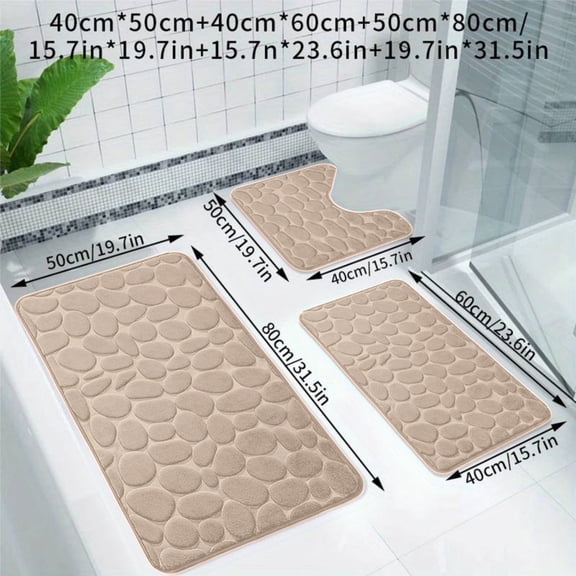 3 Pcs Pebble Texture Bathroom Rugs Set, Memory Foam Bath Mat Sets, Non-Slip Soft Absorbent Floor Mats, Washable Quick Dry, for Sink, Toilet and Floor