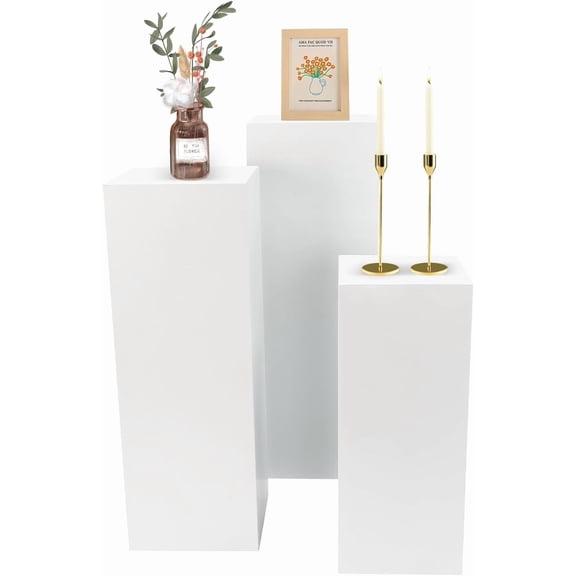 3 Pcs Pedestal Stands for Display, Square White Pedestal Stand Iron Pillars, Display Pedestal Cube Sculpture Column, Pedestals Set 27.6"-39.4", Columns and Pillars for Wedding Party Baby Shower