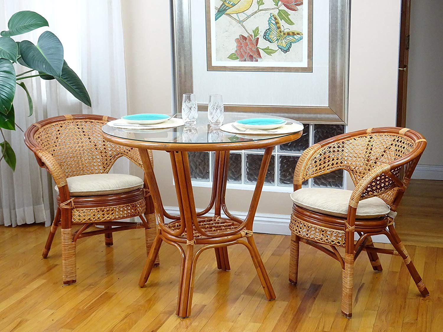 3-Pcs Pelangi Rattan Wicker Dining Set of Round Table with Glass Top ...