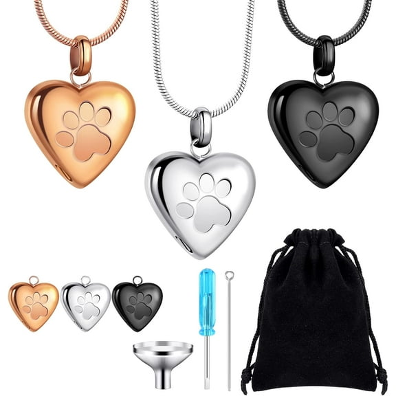 3 Pcs Pet Ashes Necklace Pet Urns for Dogs Ashes Cremation Jewelry Paw Print Heart Pendant Memorial Necklace with Filling Kit Keepsake Jewelry for Dog Cats Keepsake