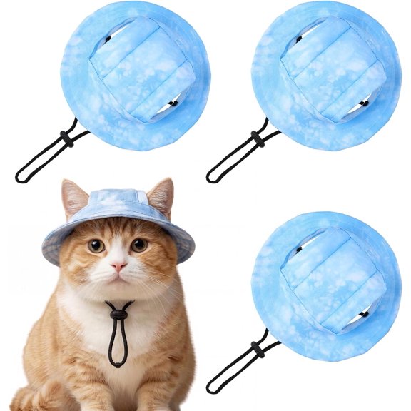 3 Pcs Pet Hats with Ear Hole Sunscreen Round Brim Bucket Hat Suitable for Small and Medium-Sized Dogs Puppy Cat Summer Active Sun Protection Pet Sun Care Cooling Caps (Blue, Medium)