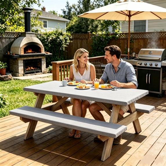 3 Pcs Picnic Table Bench Cover Set,Stretch Polyester Fabric Waterproof Oilproof Tablecloth for Patio Porch Picnic Use,Washable Outdoor Furniture Protector with Storage Bag