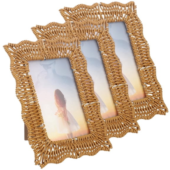 3 Pcs Picture Frame for 4 x 6 Inch Picture, PP Woven Photo Frame with Brown Wave Edge, Tabletop or Hanging Display, Decorative Photo Frame Set for Living Room, Bedroom, Office