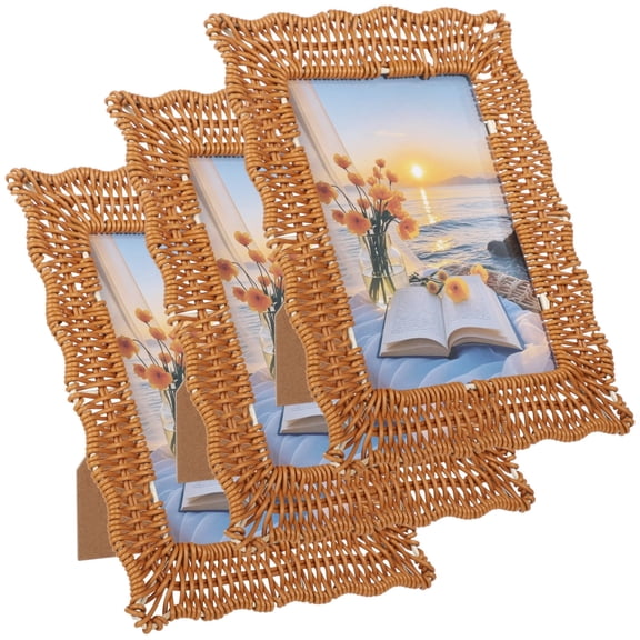 3 Pcs Picture Frame for 5 x 7 Inch Picture, PP Woven Photo Frame with Brown Wave Edge, Tabletop or Hanging Display, Decorative Photo Frame Set for Living Room, Bedroom, Office