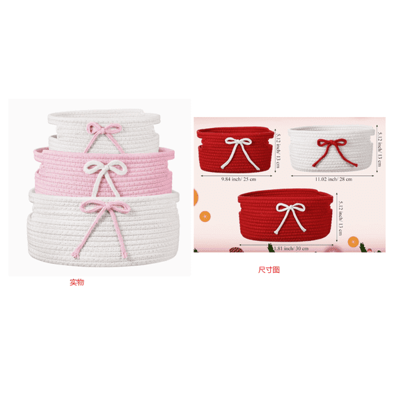 3 Pcs Pink Bow Basket Set, Decorative Non-Woven Fabric Storage Baskets, Stackable Nest Laundry Hamper, Pink White Organizer for Bedroom Living Room