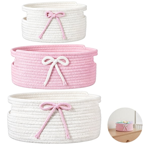 3 Pcs Pink Bow Basket Set, Decorative Non-Woven Fabric Storage Baskets, Stackable Nest Laundry Hamper, Pink White Organizer for Bedroom Living Room
