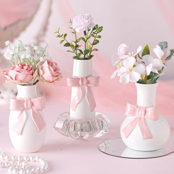 3 Pcs Pink Bow Ceramic Bud Vase Cute Mini Ceramic Style Bow Vase for Flowers Pampas Grass Centerpieces Shelf Table Living Room, Wedding, Home Decor