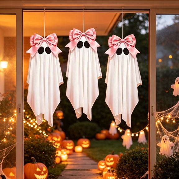 3 Pcs Pink Bow Halloween Hanging Ghost Decorations 31 Inch Cute Flying Ghosts for Front Porch Yard Garden Patio Lawn Halloween Party Indoor Outdoor Decor for Home Tree Balcony