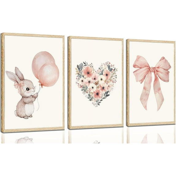 3 Pcs Pink Bunny Wall Decor Nursery Bunny Posters Prints Bunny Floral Watercolo Painting pictures Cute Animal Canvas Prints for Girls and Boys Kids Room Baby Room Decor
