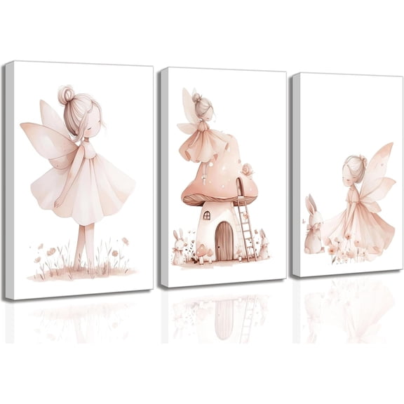 3 Pcs Pink Fairy Nursery Canvas Wall Art Girs Room Pink Nursery Painting Picture Wall Decor Cute Fairy Posters Art Fairies Paintings Artwork for Kids Room Toddler GirlRoom Home Decoration