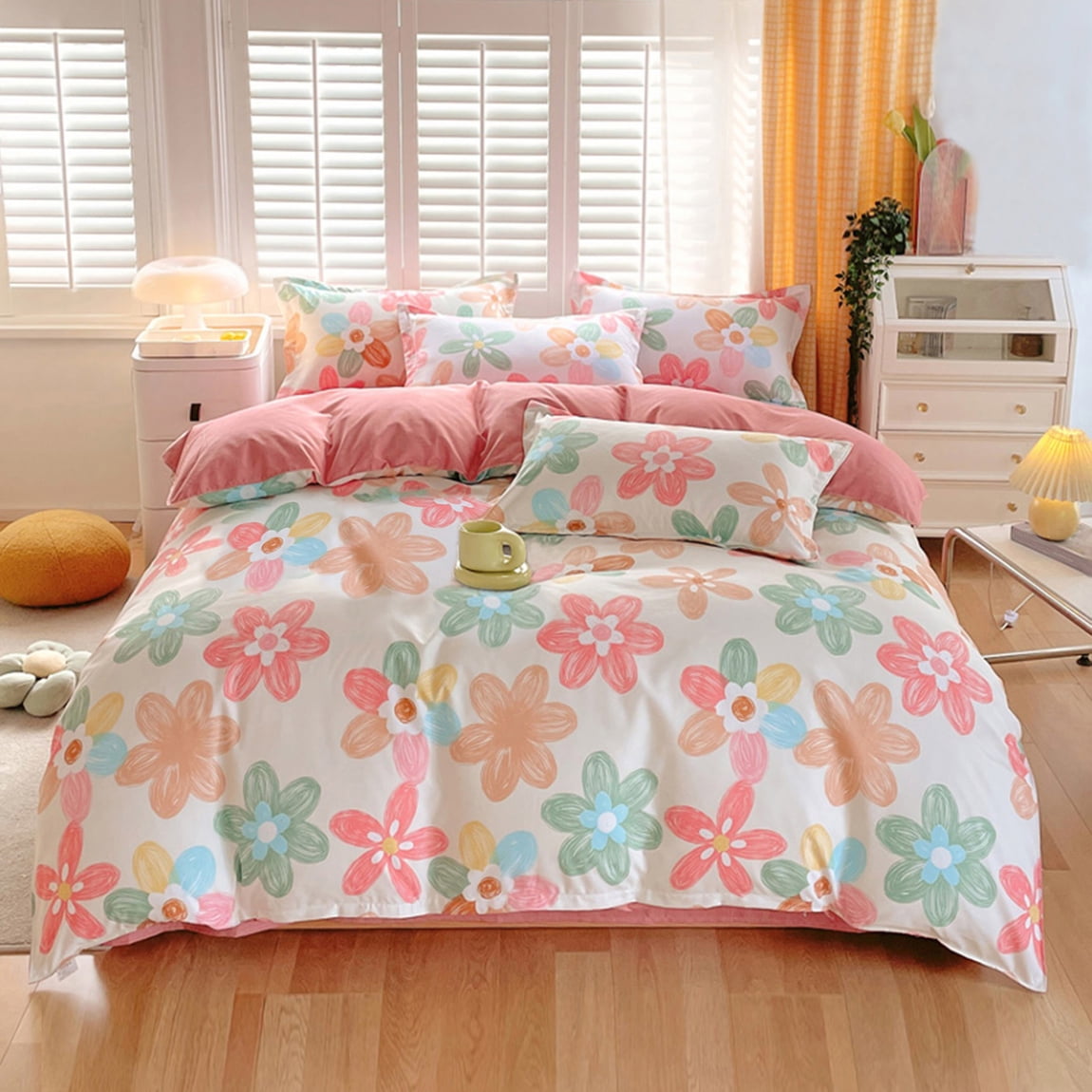3 Pcs Pink Floral Duvet Cover Set, Reversible Duvet Cover Full, Chic Garden Bedding Set Mini Floral Comforter Cover Soft Breathable for All Seasons (Pink, Full)