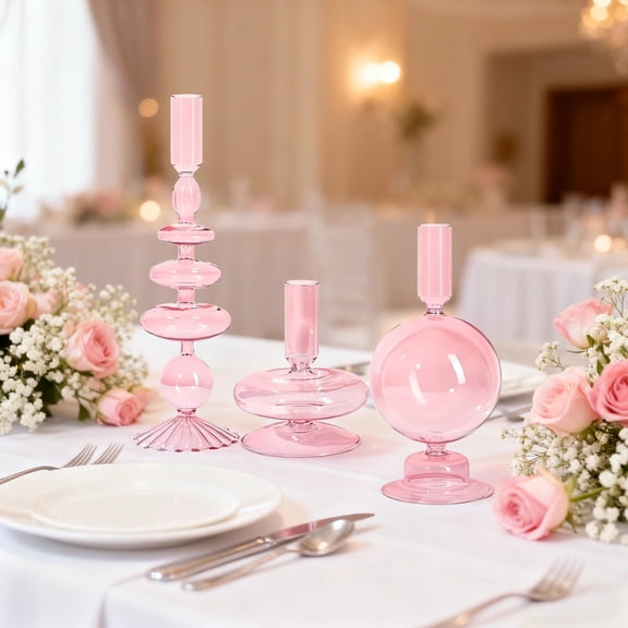 3 Pcs Pink Glass Candlestick Holder Set, Groovy Wavy Taper Candle Holders 11-28cm, Unique Centerpieces for Wedding, Party & Elegant Home Table Decor