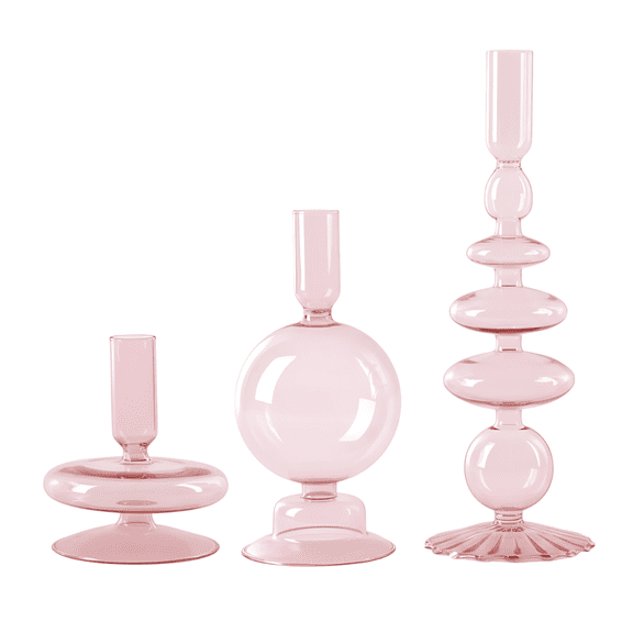 3 Pcs Pink Glass Candlestick Holders, Vintage French Style Table Centerpiece Holder, 3.5 in / 9 cm Base, Elegant Glass Candlestick Holders For Taper Candles, Home Decor, Wedding, Party