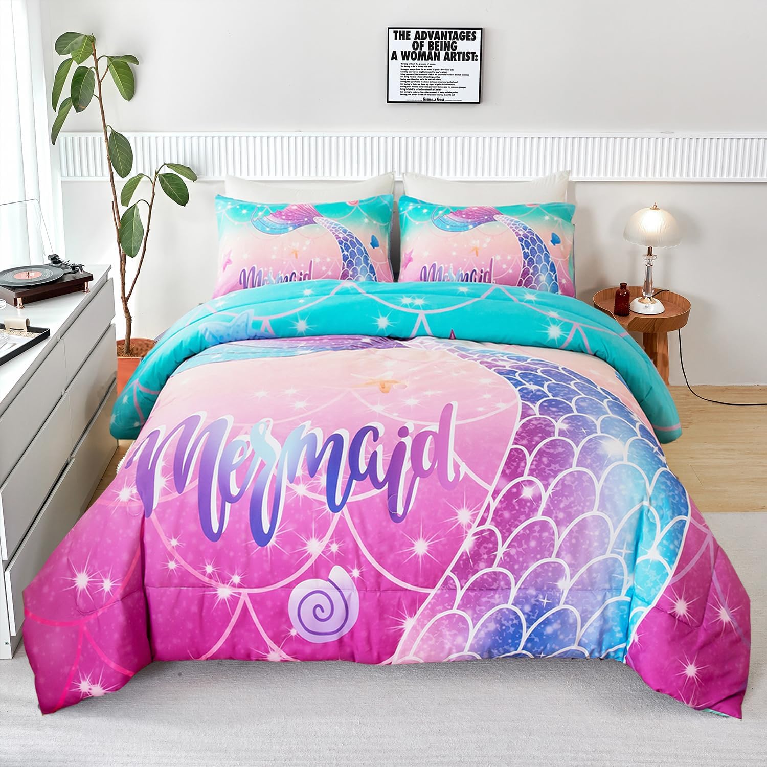 3 Pcs Pink Purple Mermaid Comforter Set Girly Twin Size Comforter Set