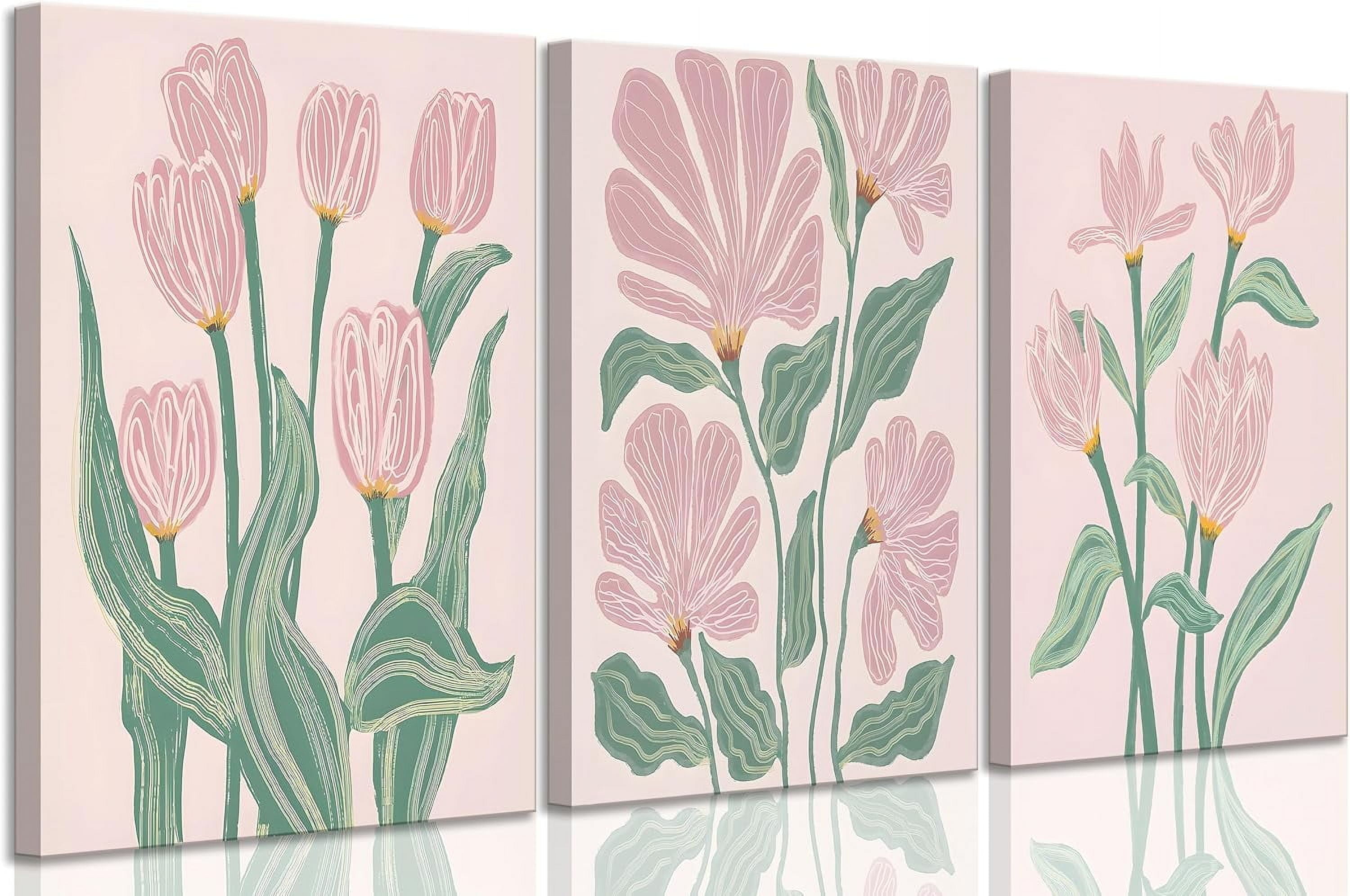 3 Pcs Pink Tulips Flowers Canvas Wall Art Boho Pink and Green Abstract ...