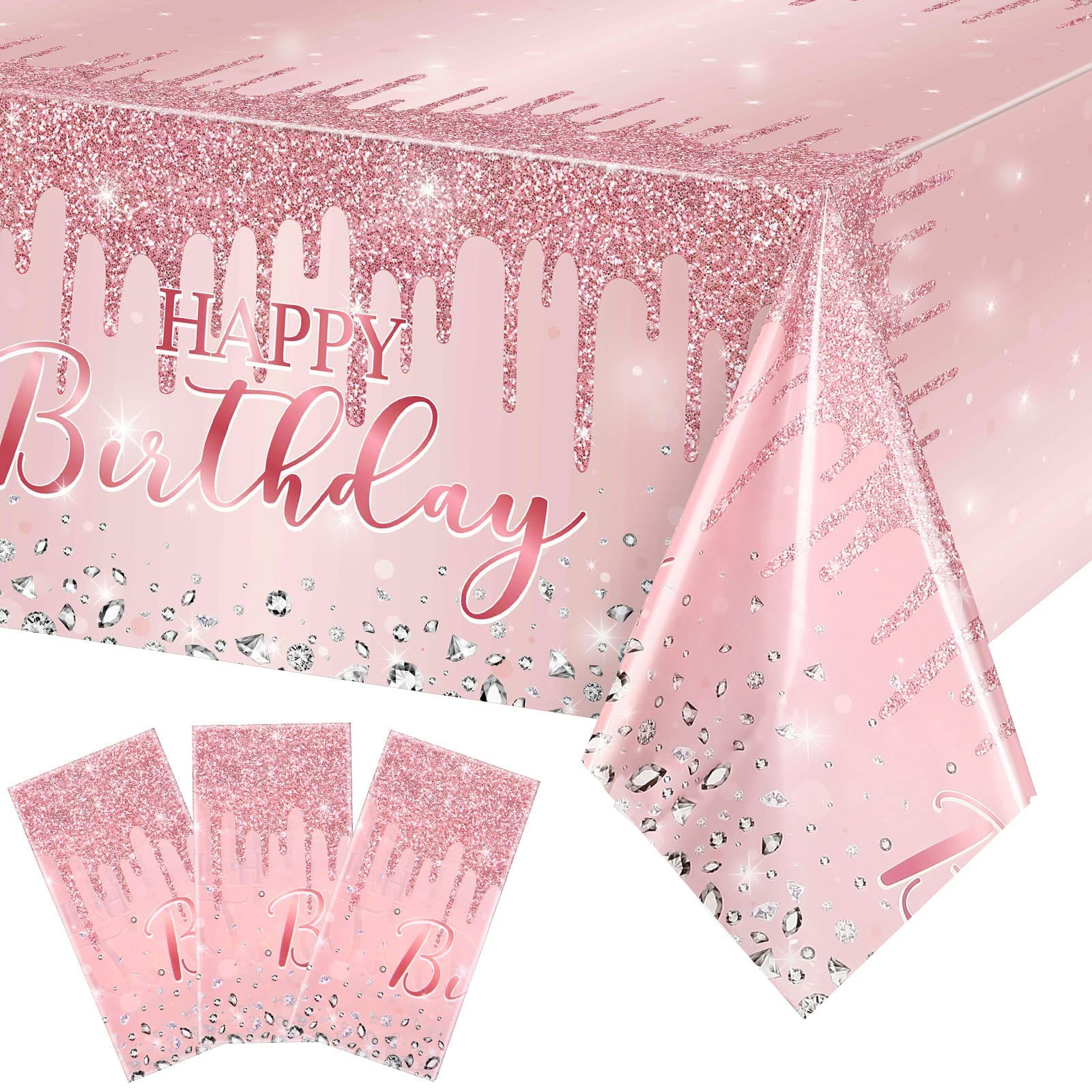 3 Pcs Pink and Rose Gold Tablecloths Glitter Diamond Table Cover Girl