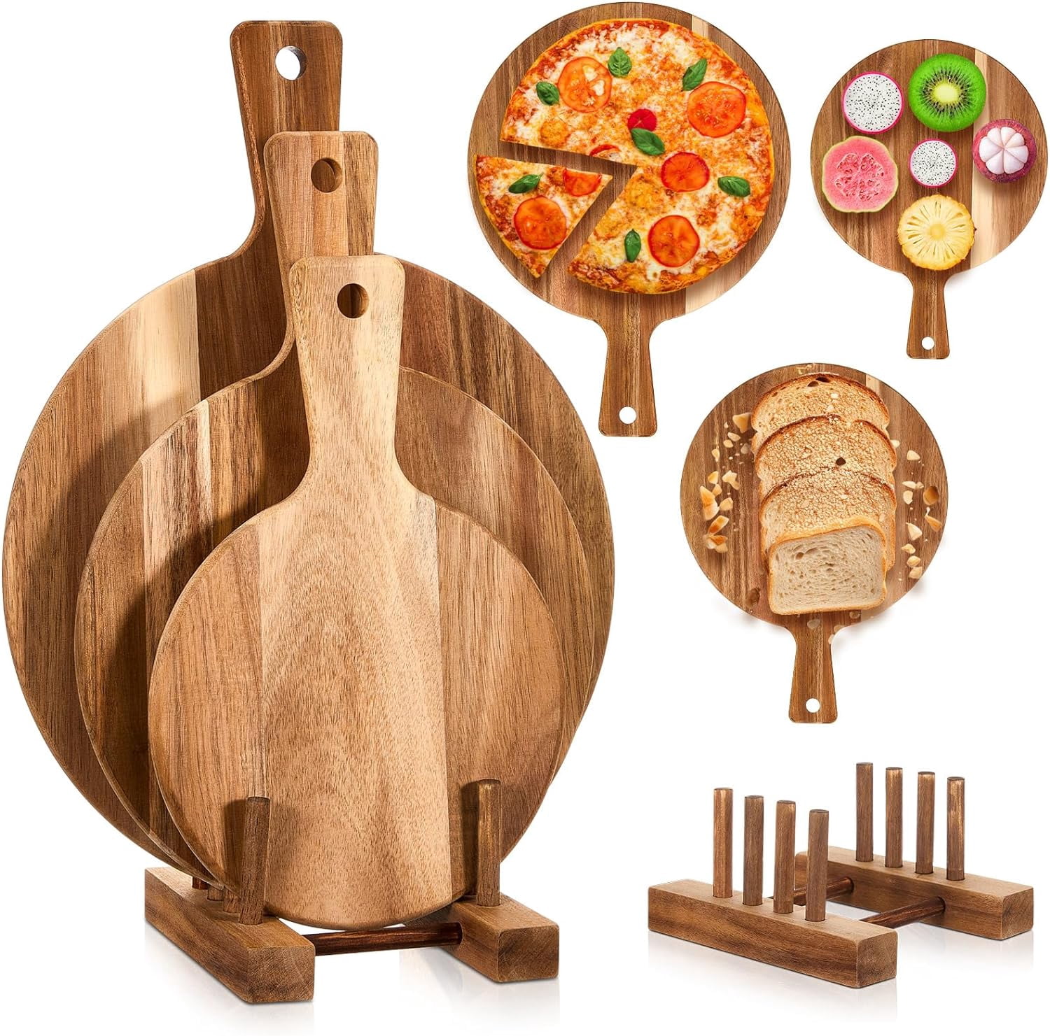 3 Pcs Pizza Cutting Board Acacia Wood Cutting Board with Handle Round ...