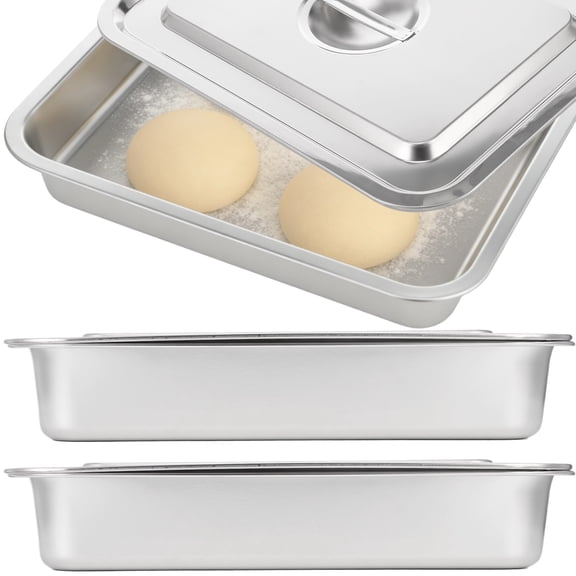 3 Pcs Pizza Dough Proofing Box, Stainless Steel Flat-Bottom Deepened Square Pans with Lids, Stackable Pizza Storage Container, 11.6 x 15.6 x 2.8 in, Food Prep Tray for Home, Party, Hotel & Buffet