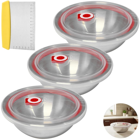 3 Pcs Pizza Dough Proofing Container Set, 23.7 fl oz Stainless Steel Proofing Box with Airtight Lid & Scraper, Stackable Mixing Bowl, Metal Salad Bowl for Kitchen Prep, Cooking, Baking & Food Storage