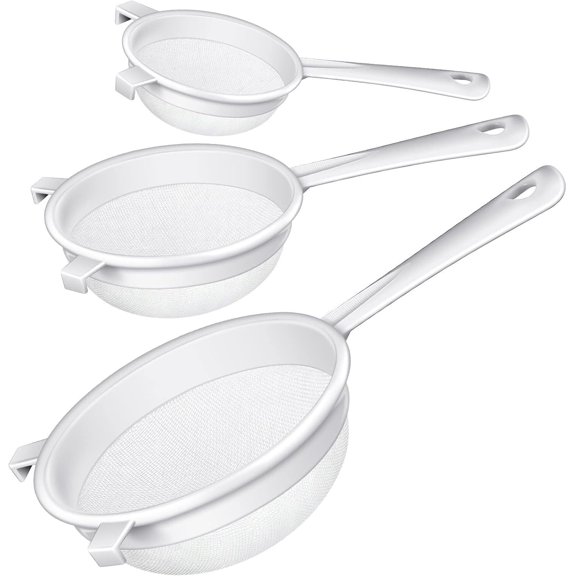 3 Pcs Plastic Nylon Mesh Strainer Colander with Handle Double Ear Fine Food Mesh Strainer Flour Sifter for Baking Kitchen Colander Sifter Kefir Tea Juice Pasta(3 Inch, 4 Inch, 5.5 Inch)