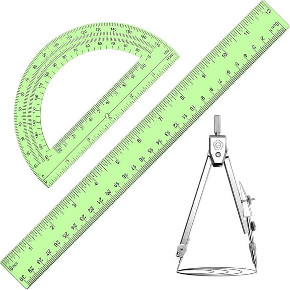 3 Pcs Plastic Ruler 6 Inch Protractor Drawing Compass Set, Student Geometry Math Transparent Measuring Tools for Home School Classroom Office Supplies(12 Inch,Green)
