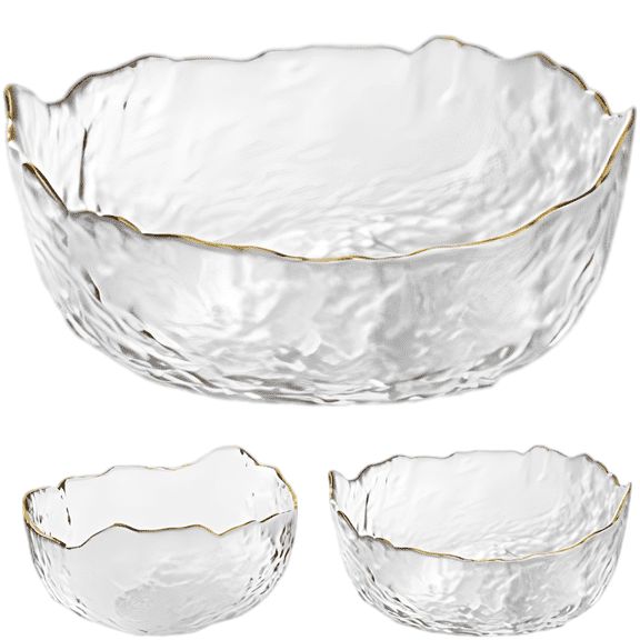 3 Pcs Plastic Salad Bowl Set, Phnom Penh Rimmed Mixing Bowls, Irregular Shape Clear Serving Containers, Hammered Design Kitchen Prep Bowls, Stackable Fruit Bowl for Home